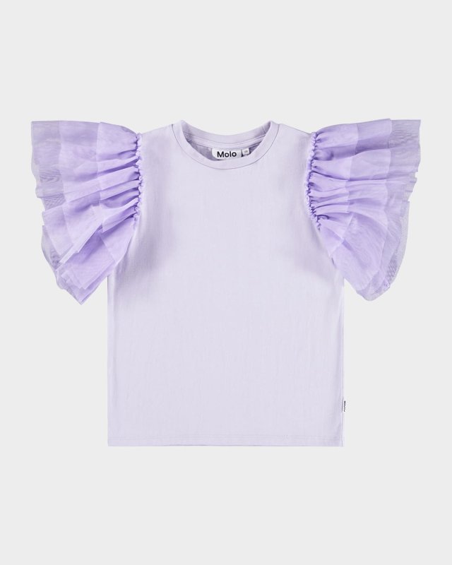 Girl's Robyn Tulle-Sleeve Cotton T-Shirt, Size 4-6